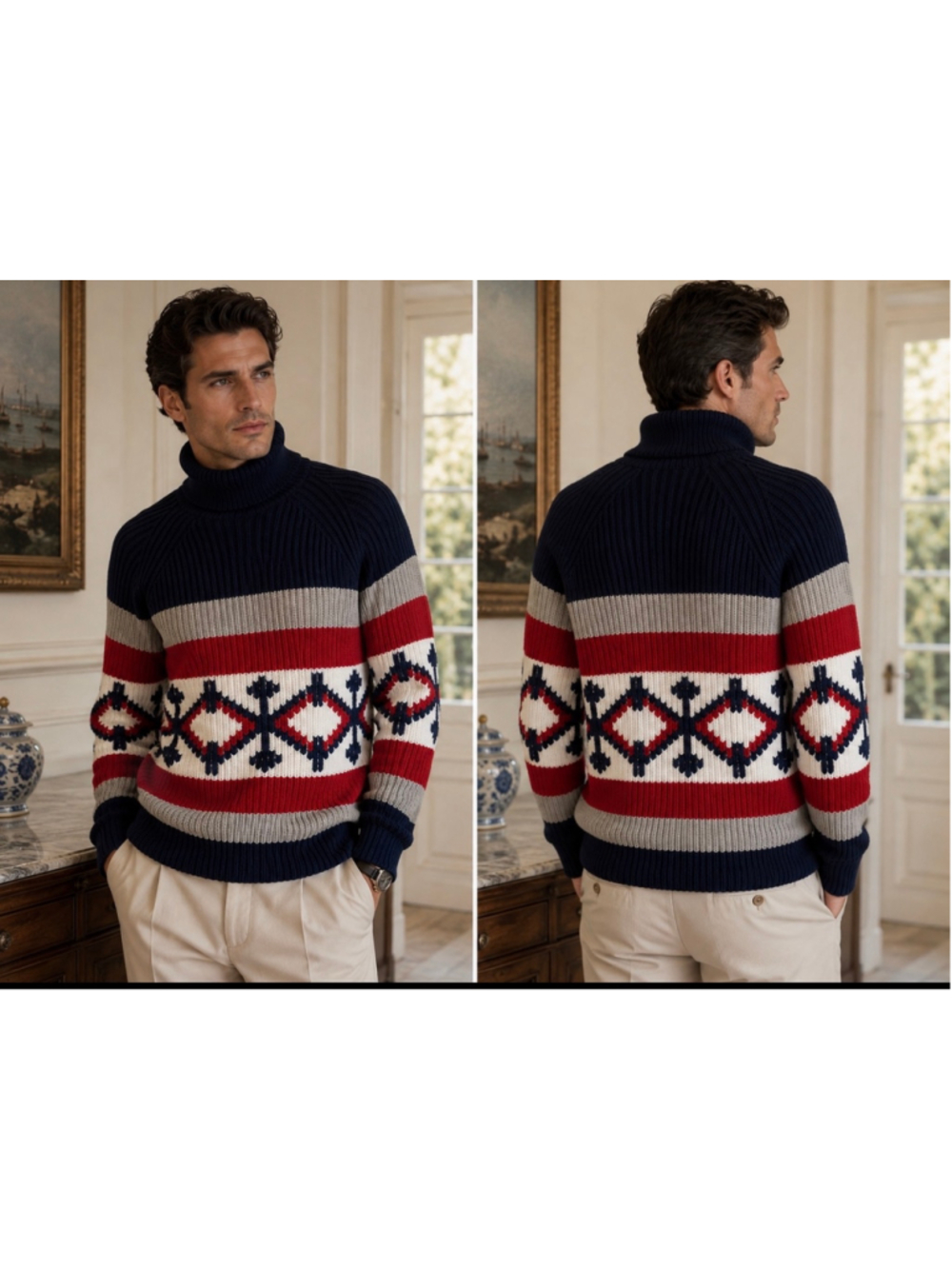 Prada Turtleneck Sweater Size L Blue Red Patterned Knit Luxury New w Tags